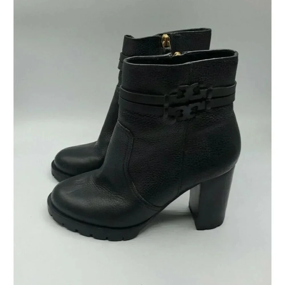 Tory Burch Leigh Black Leather Lug Sole With Logo Boots River Rock SZ 7.5   NWOB